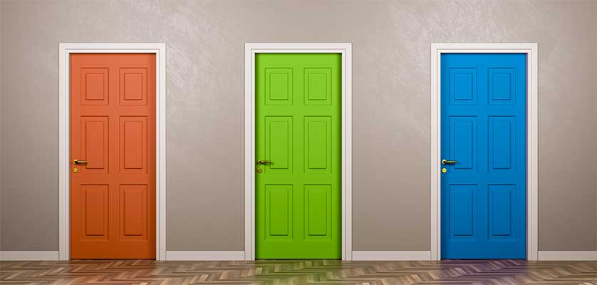 Three colored doors signifying options available to you when choosing a fundraising platform.