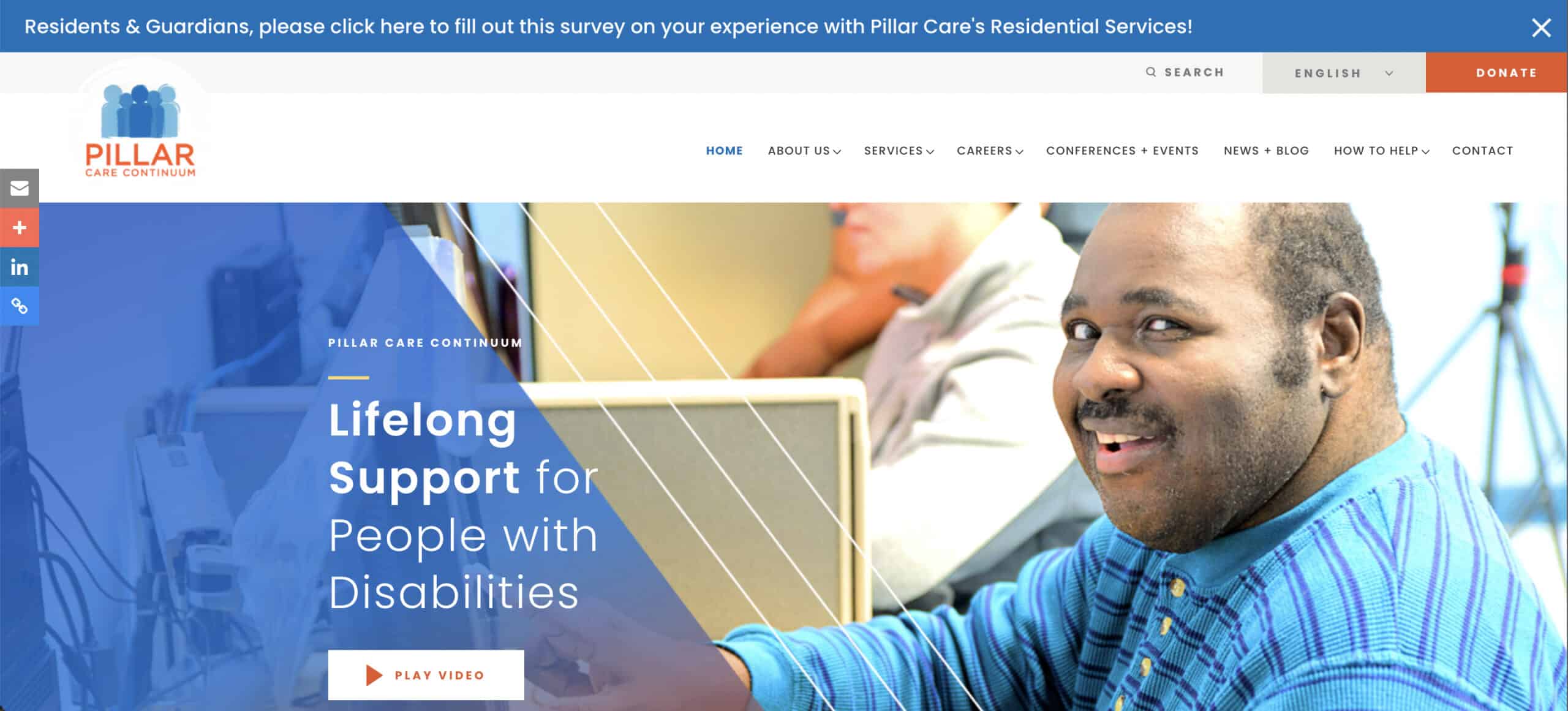 A snapshot of the Pillar Care Continuum website homepage, which features an example of a website push-down